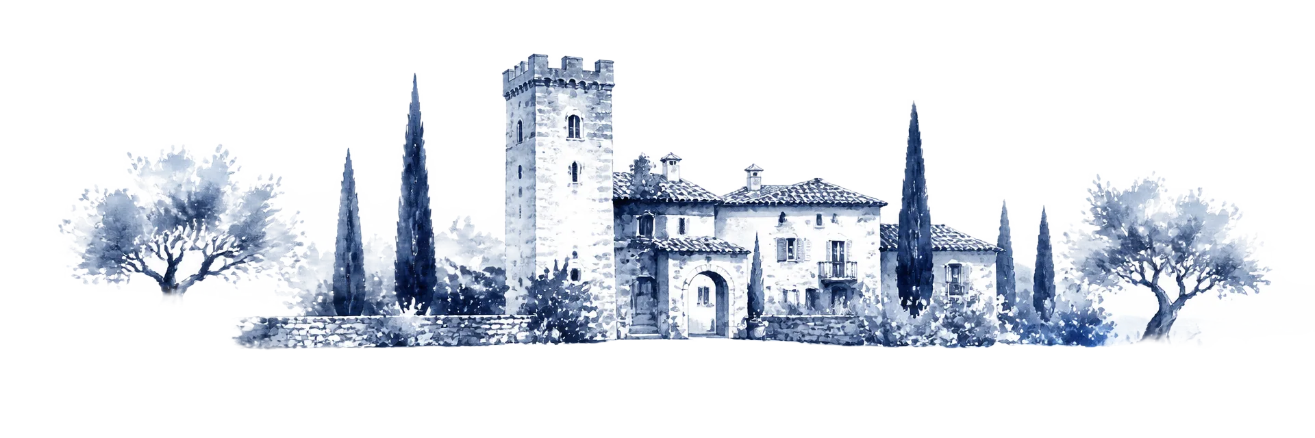 Watercolour illustration of the Torre Bosch estate tower with cypress and olive trees